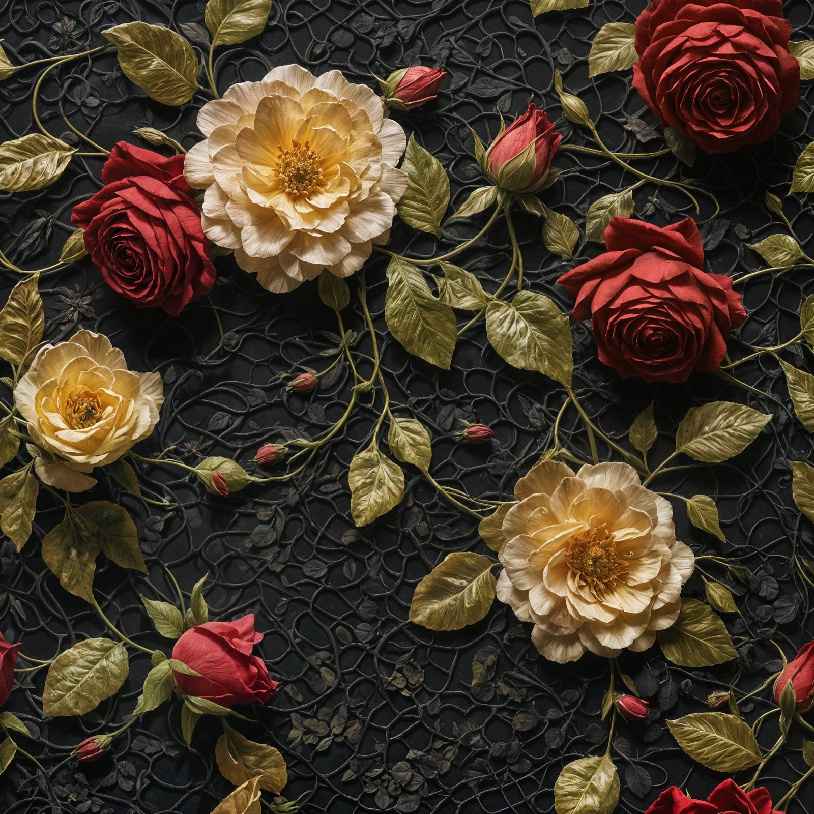 Passion Flowers and Roses on Black Lace in Oil