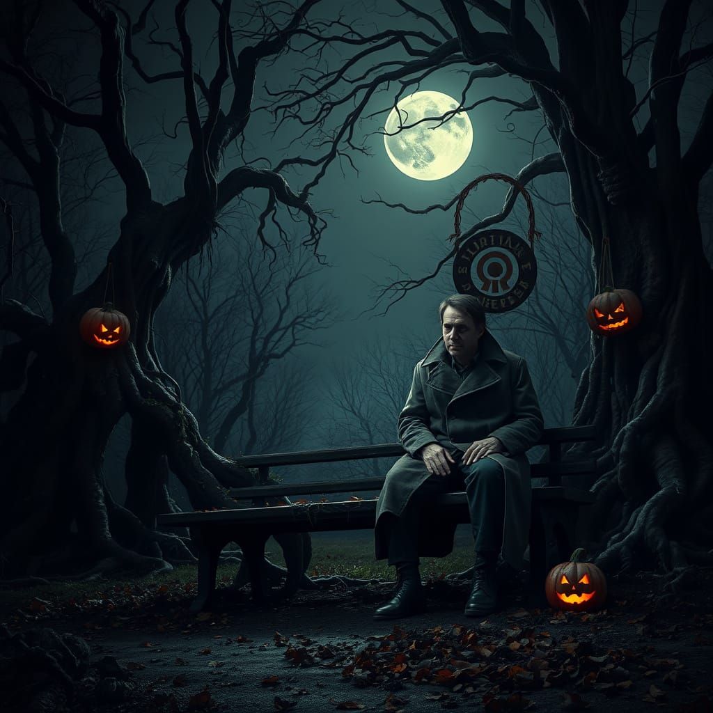 Eerie Garden: Frightened Man Under Full Moon, Dark Art