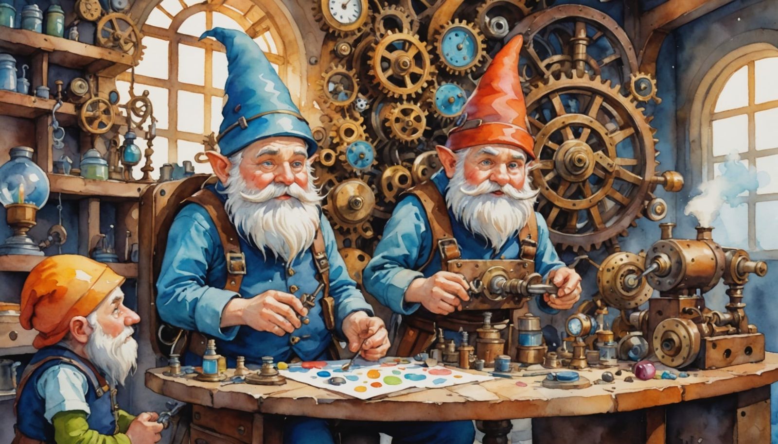 Gnome Tinkerer's Clockwork Mishap in Watercolor Style