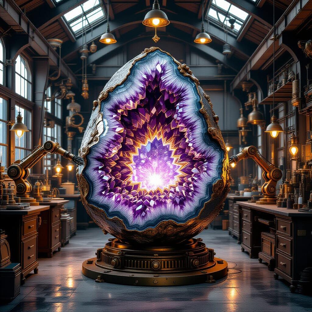 Amethyst Geode Pulsating in Steampunk Workshop