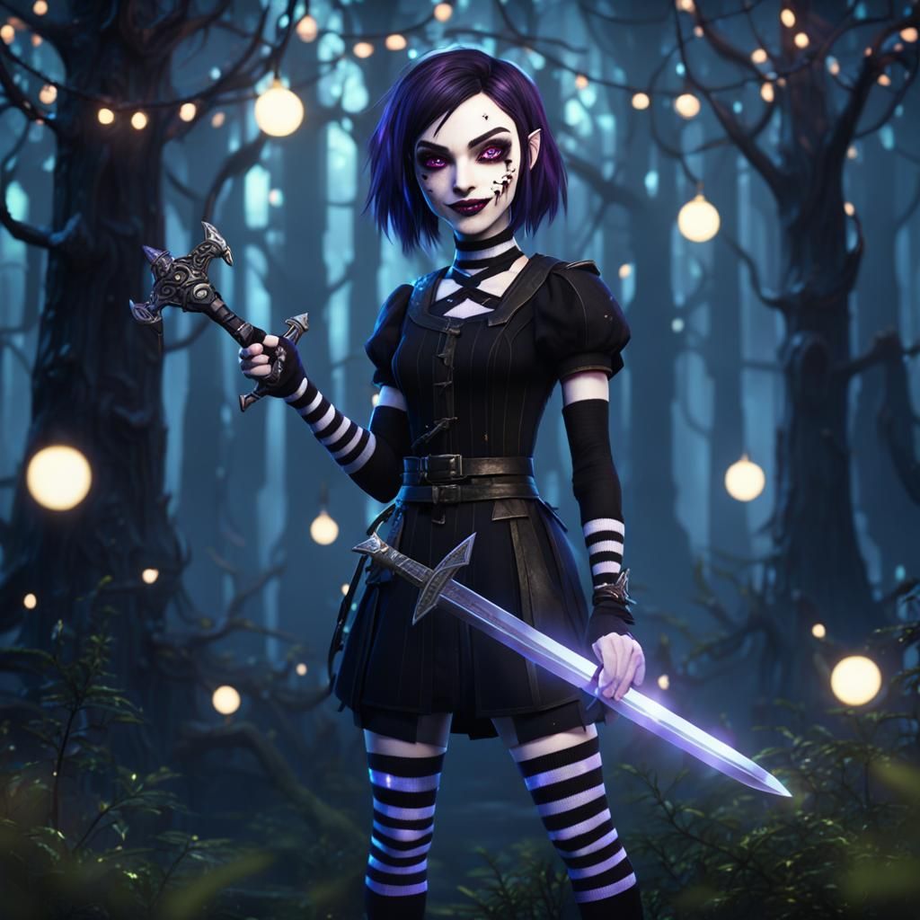 Cute Goth Girl with Sword in Magical Forest