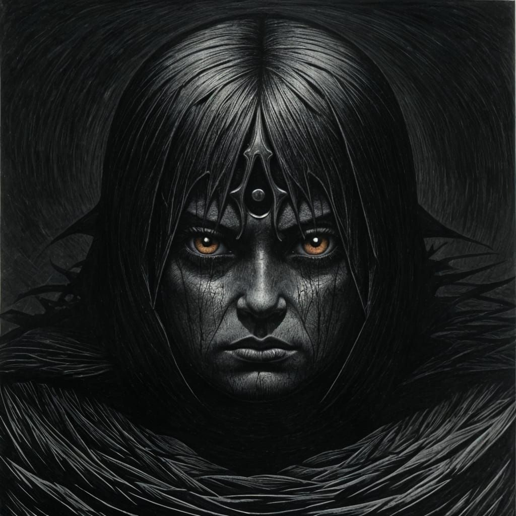 Surreal Black Sun Child Confronts the Stormy Sky in Woodcut ...