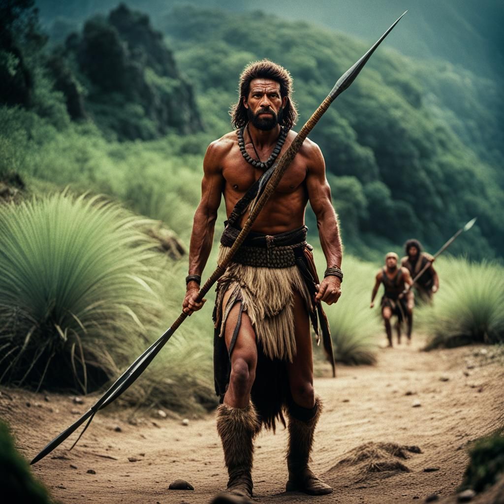 Prehistoric Man Hunting with Spear: Cinematic Film Still