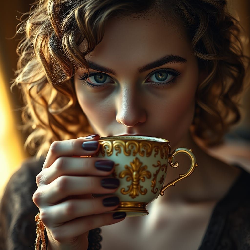 Woman Sipping Coffee with Golden Light, Digital Art