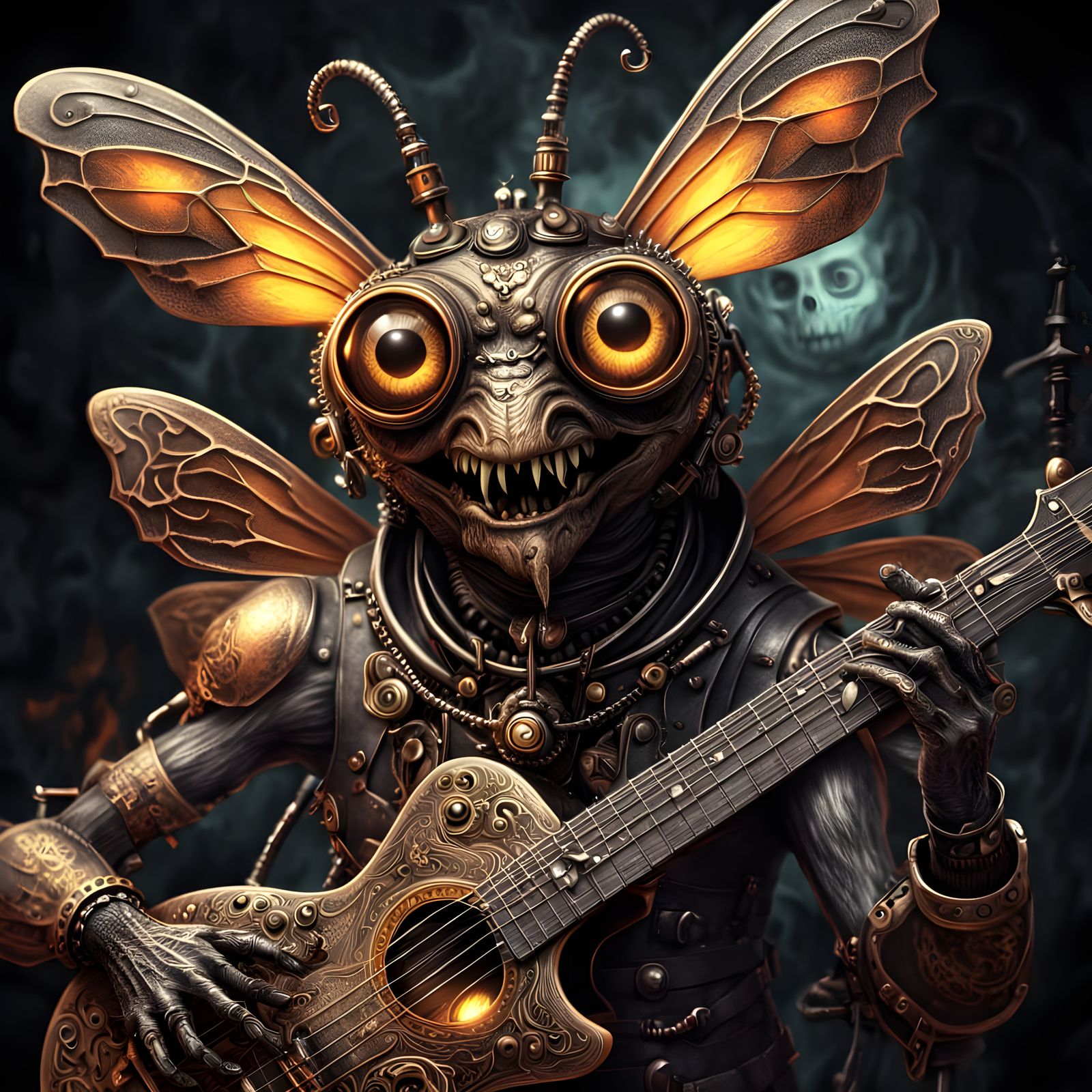 Steampunk Bee-Human Guitarist in Charcoal Style