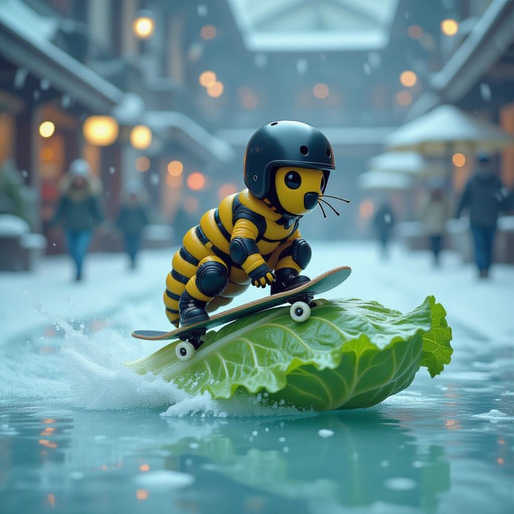 Caterpillar Skateboarding on Lettuce Leaf in Digital Paintin...