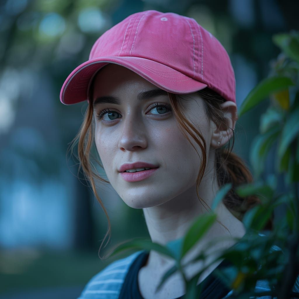 Young Woman in Pink Cap, Cinematic Portrait
