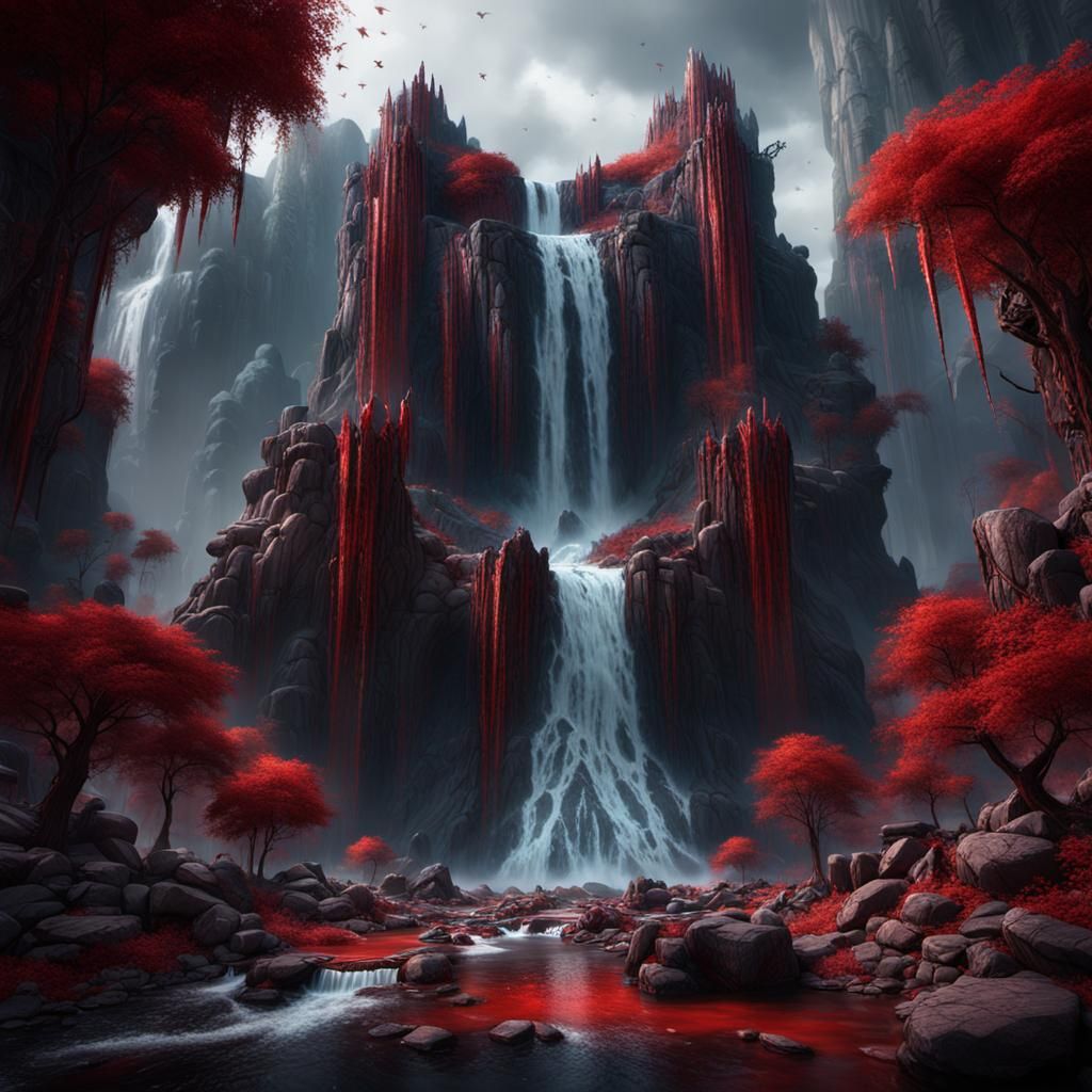 Fantastical Blood Waterfall Digital Painting