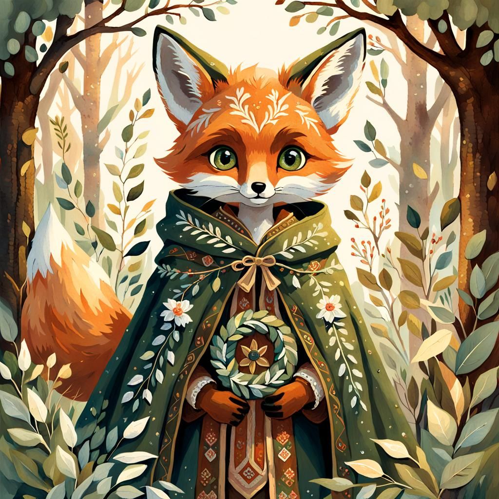 Fox in Embroidered Cloak, Watercolor Folk Art