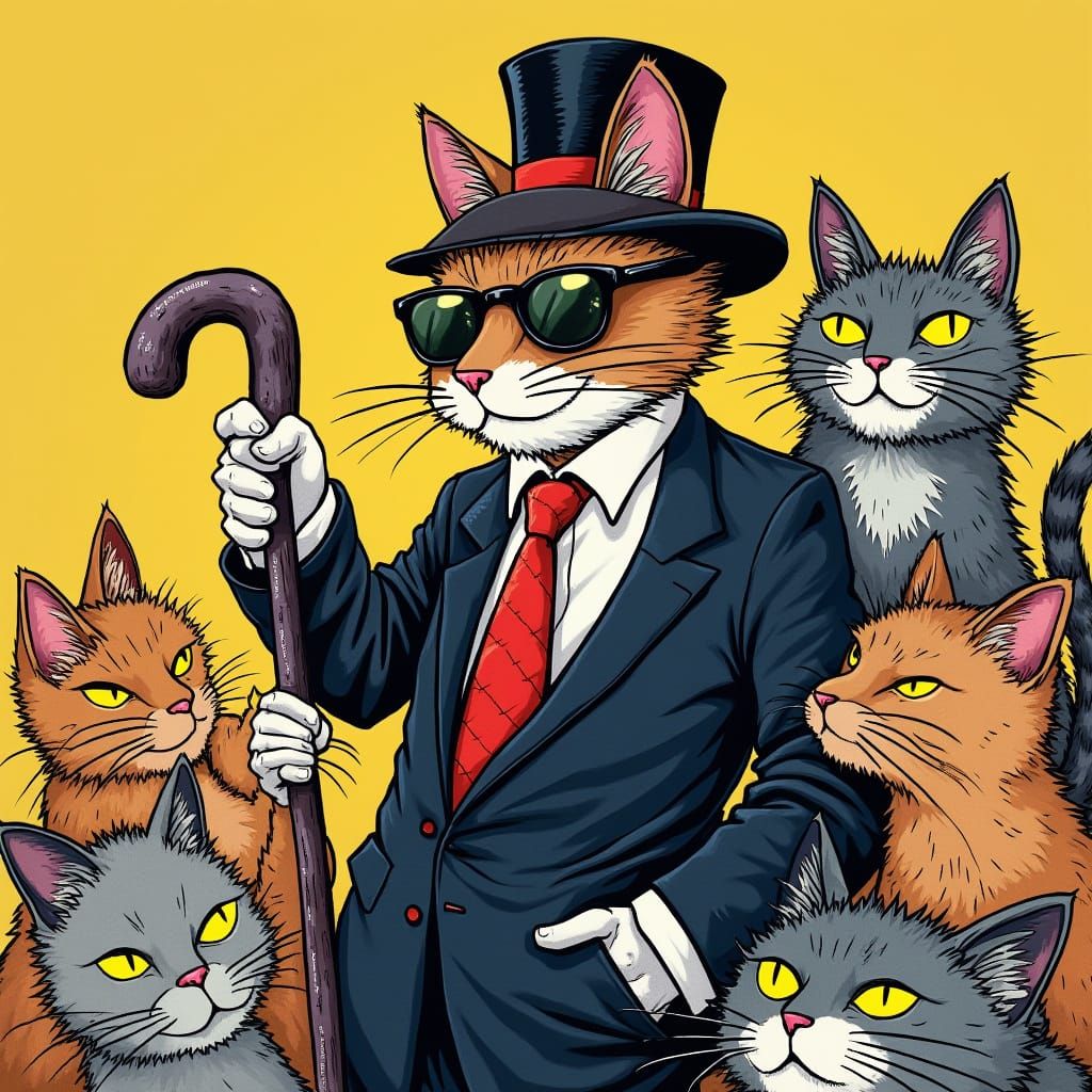 Whimsical Cat Pimp Surrounded by Juicy Felines in Bold, Vibr...