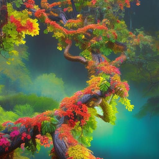 Luminous Trees Covered in Colorful Vines