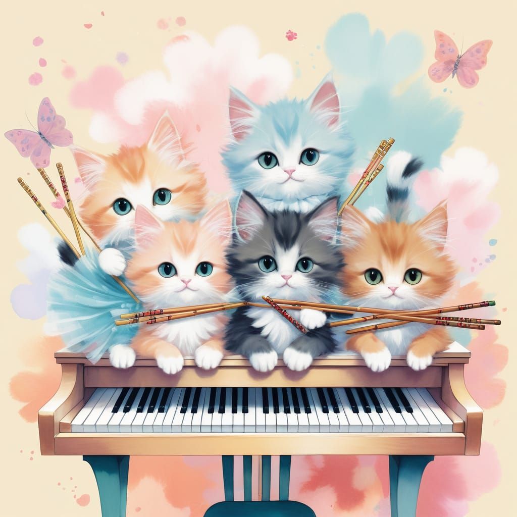 Whimsical Kittens Play Piano in Dreamy Digital Art