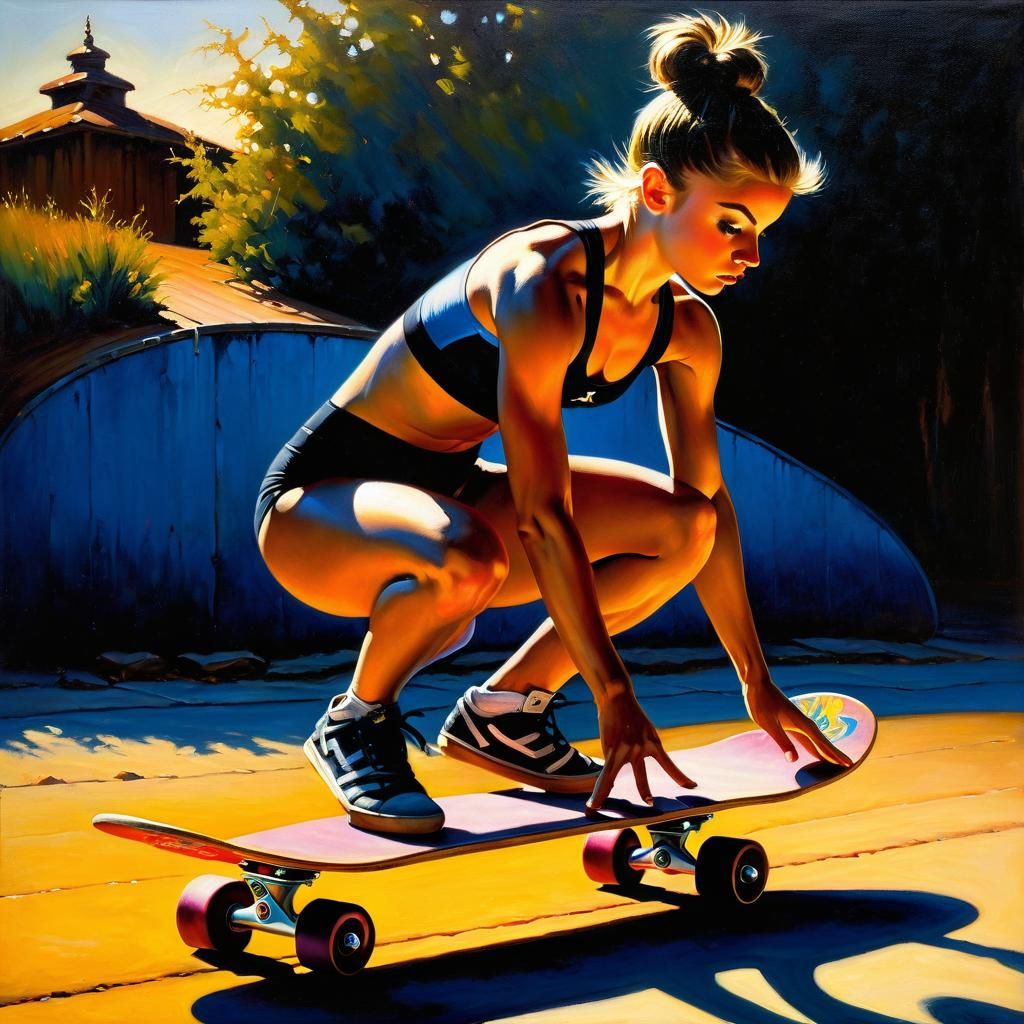 Gymnast's Skateboarding Struggle: Frank Frazetta Style Oil P...