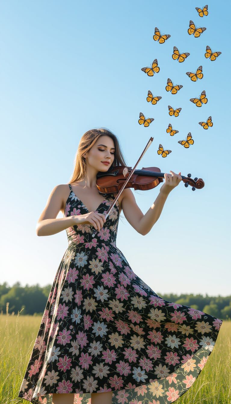 Beautiful Woman Playing Violin with Butterflies