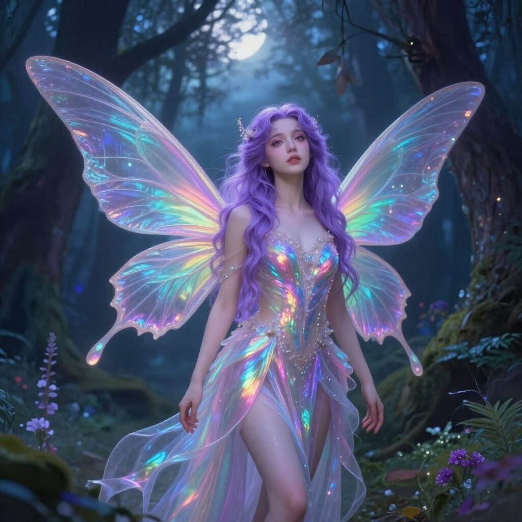 Ethereal Fairy with Rainbow Wings in Moonlit Forest