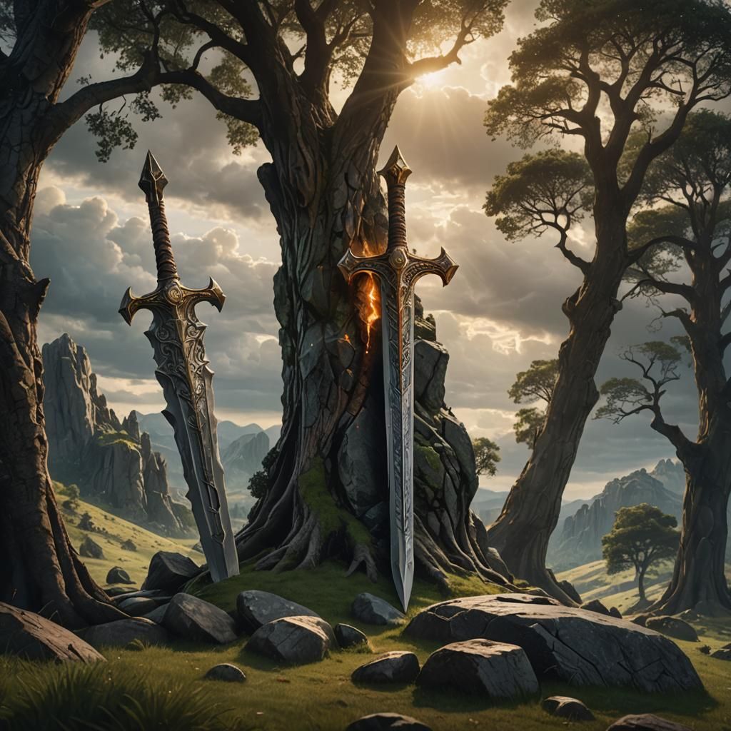 Excalibur Embedded in Stone: Photorealistic Concept Art