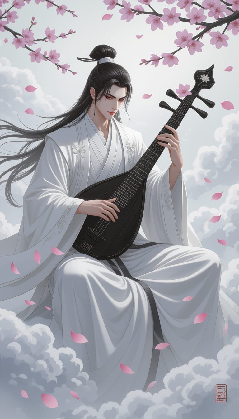 Elegant Man Playing Guqin Among Clouds in Anime Style