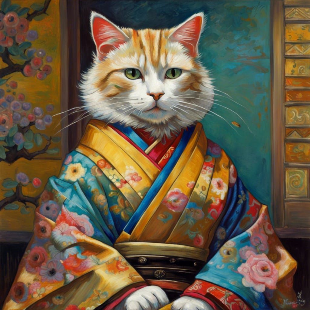 Sensual Cat Geisha in Multi-Colored Kimono