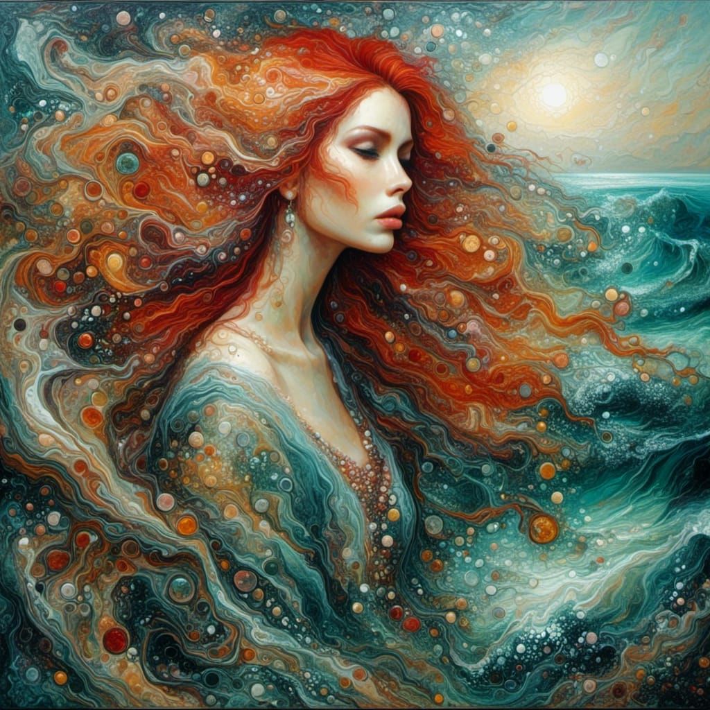 Red-Haired Woman by the Sea: Liquid Pour Painting
