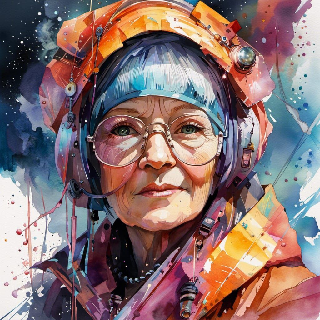 Cyber Granny Portrait in Sci-Fi Watercolor Style