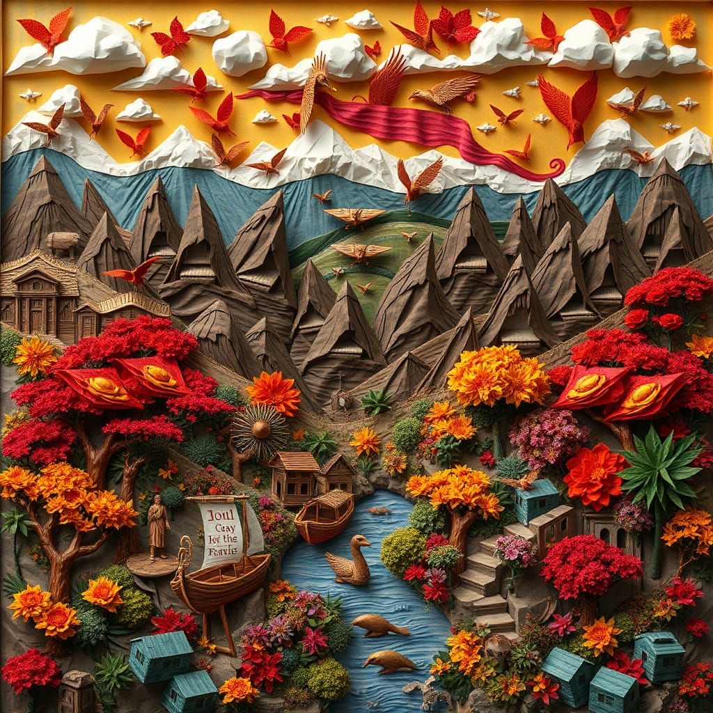 Vivid 3D Origami Collage of Autumn Landscape