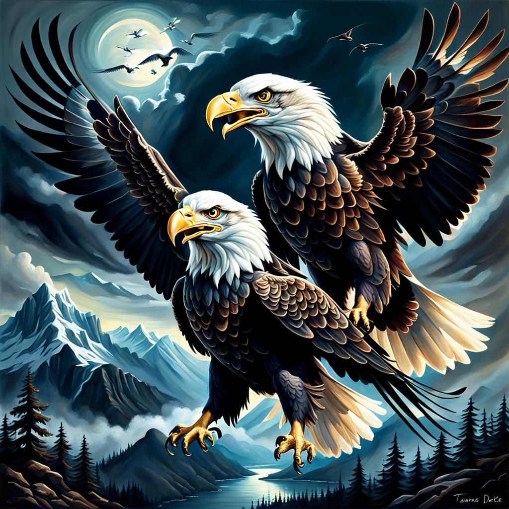 Eagles Fly in Dark Fantasy Art Deco Style