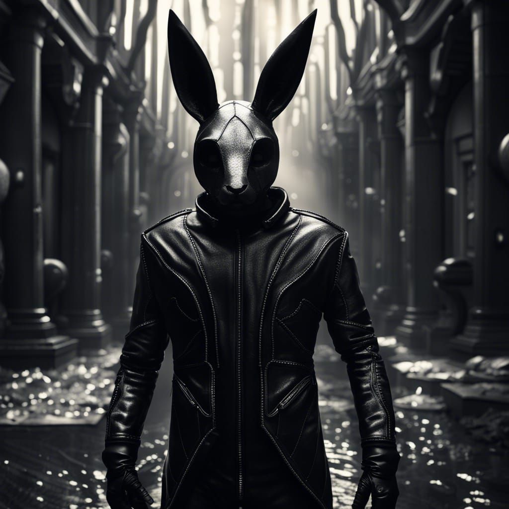 Monochrome Rabbit Masked Figure in Latex Suit