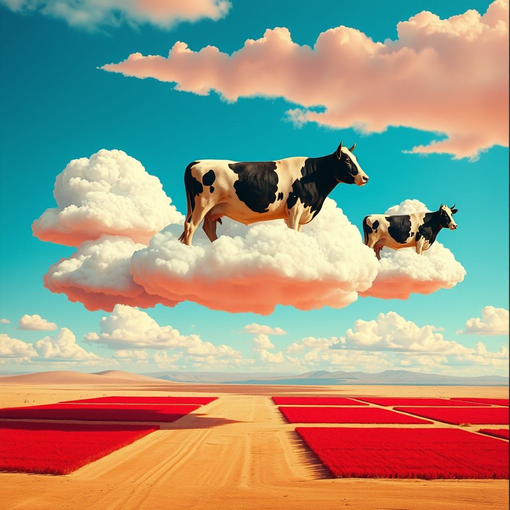 Surreal Desert Scene with Floating Cow Clouds