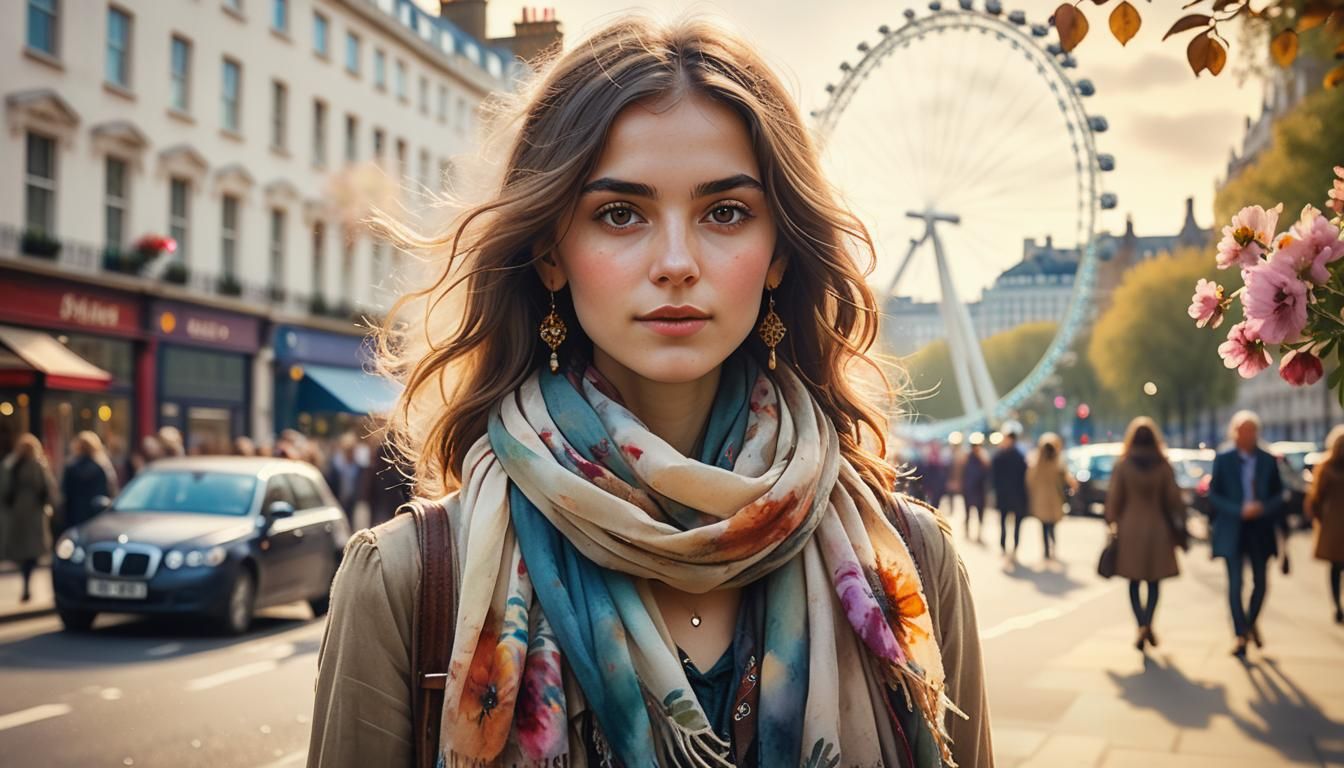 Bohemian Street Style Portrait in Watercolor Style