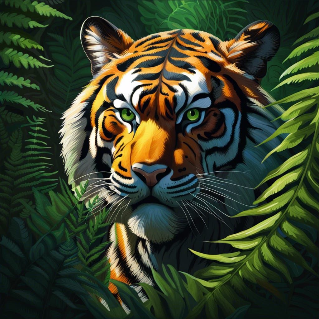 Detailed Tiger Portrait in Colorful Ferns