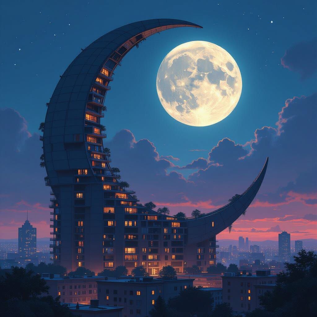 Futuristic Crescent Building with Moon Framed, Night View