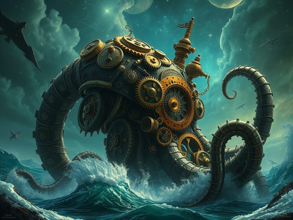 Steampunk Clockwork Kraken in Phosphorescent Sea