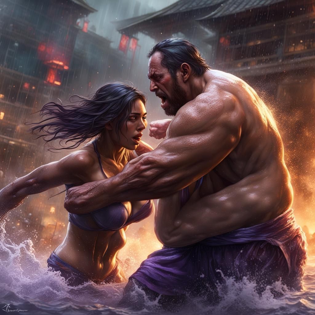 Man with a big gut in a Speedo fighting a Filipino woman in a wet T-shirt