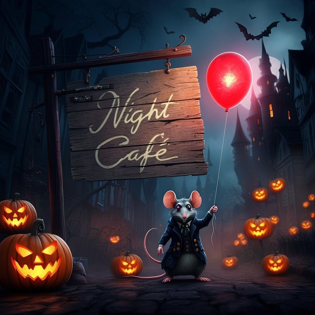 Eerie Halloween Mouse Figure in Gothic Cityscape