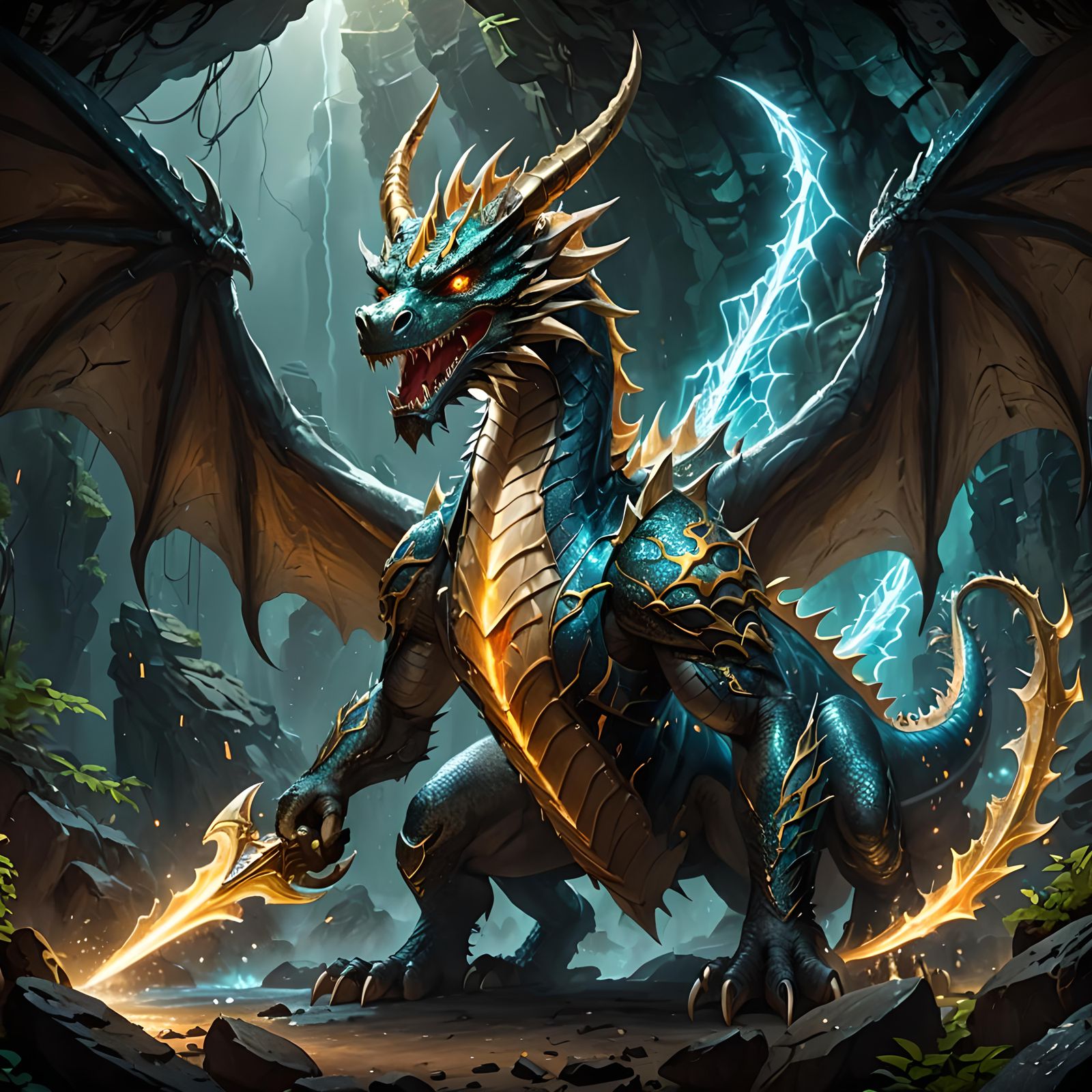 Sparkling Dragon Discovering Magical Trident in Cave