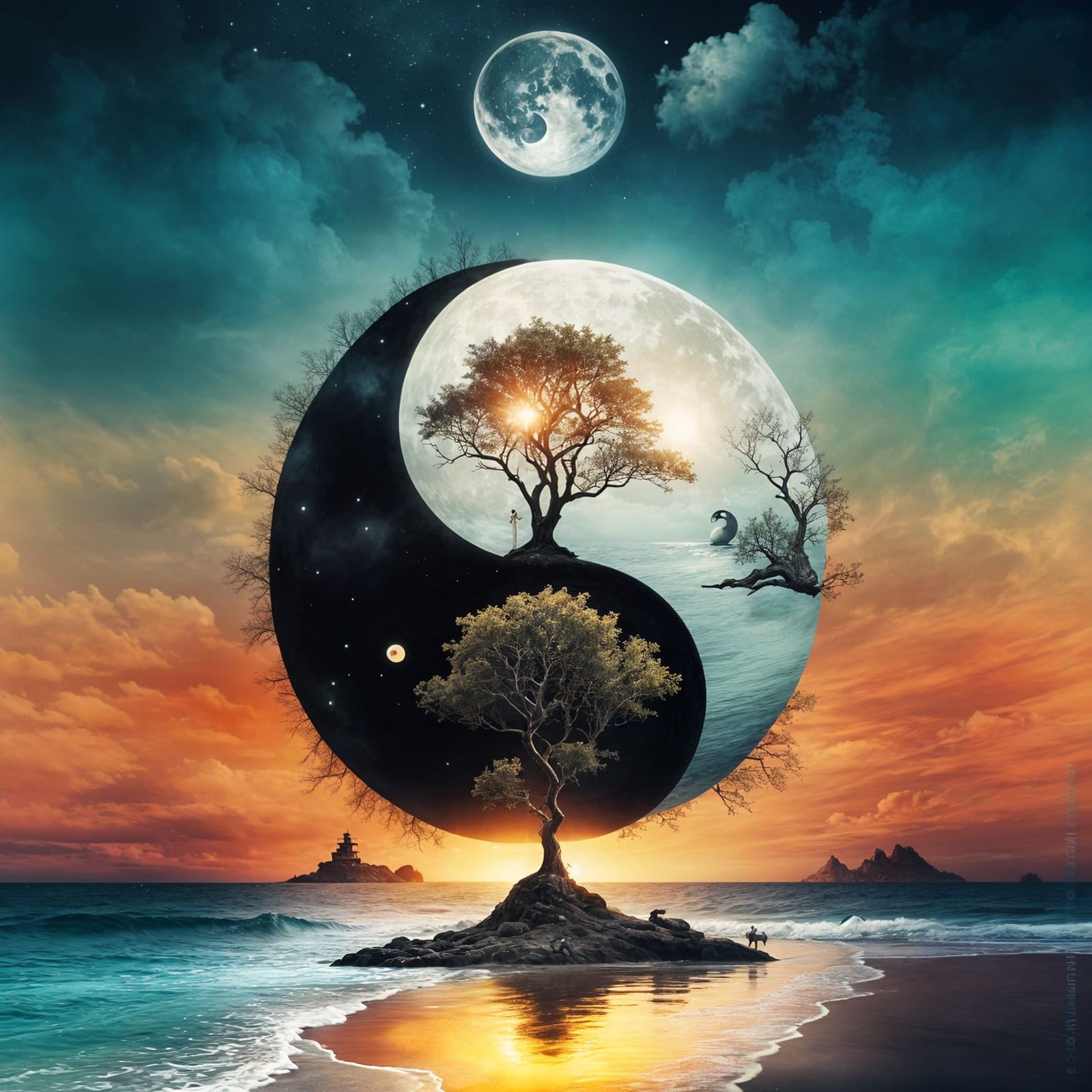 Surreal Yin Yang Beach Sunset Art