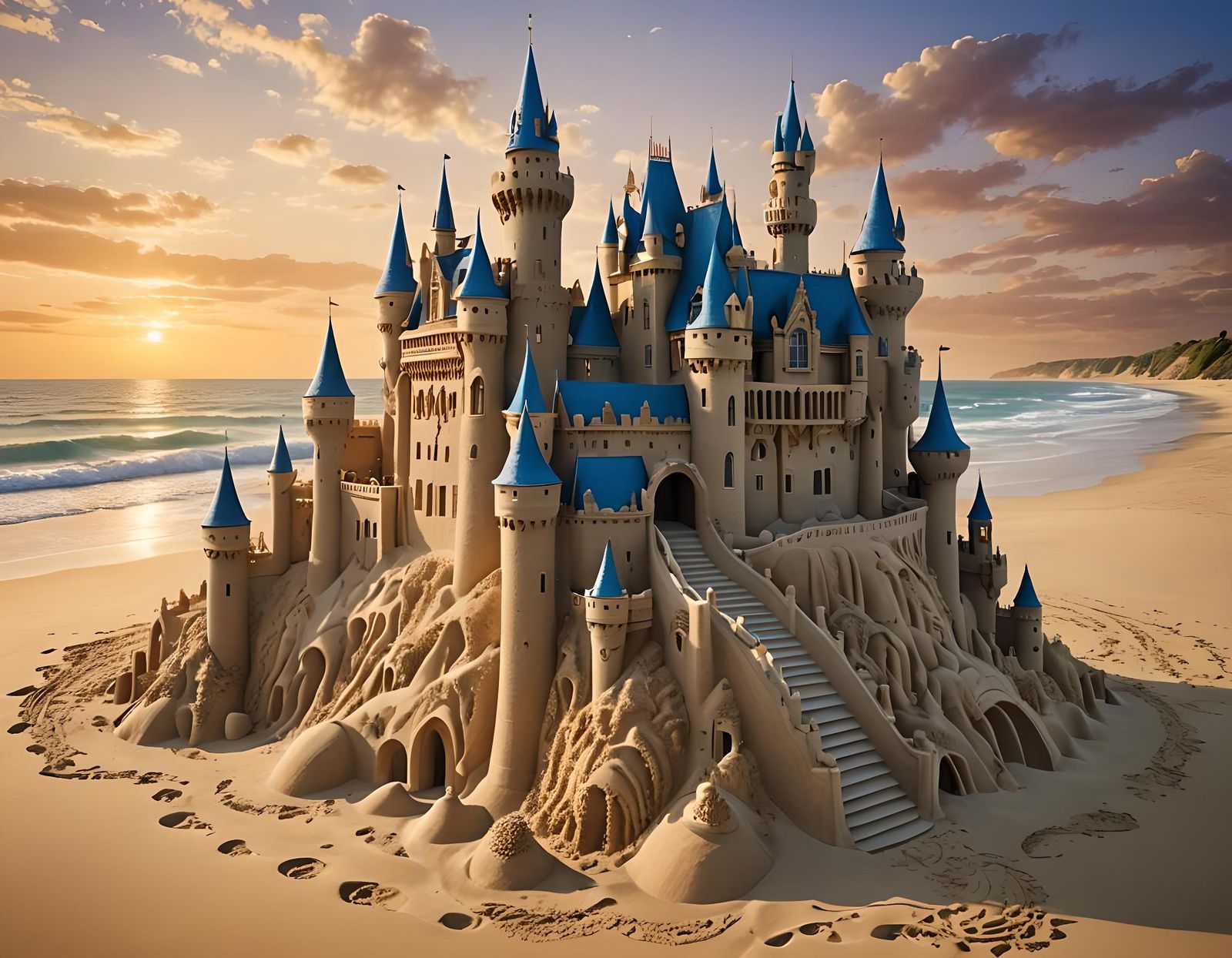 Ephemeral Majesty: A Sunset Sandcastle Kingdom, crafted by t...