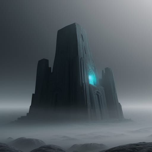 Ancient Monolith in Misty Alien Landscape, Surreal Digital P...