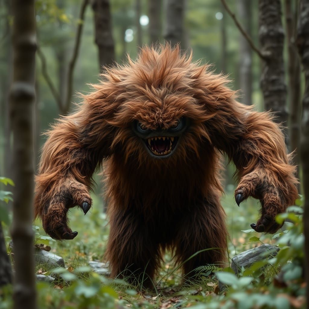 Scary Fluffy Brown Monster in Realistic Woods