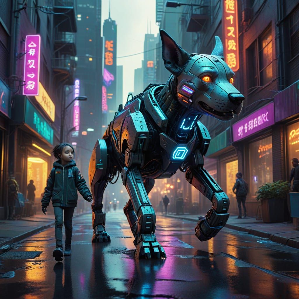 Child and Cyber Dog Walking Dystopian City Street in Colorfu...