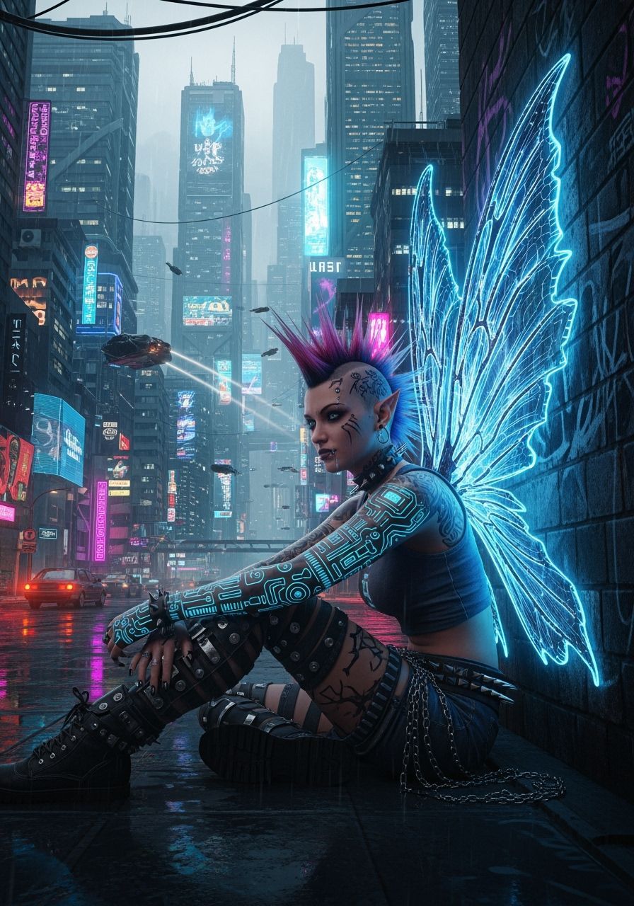 Cyberpunk Fairy in Dystopian Cityscape
