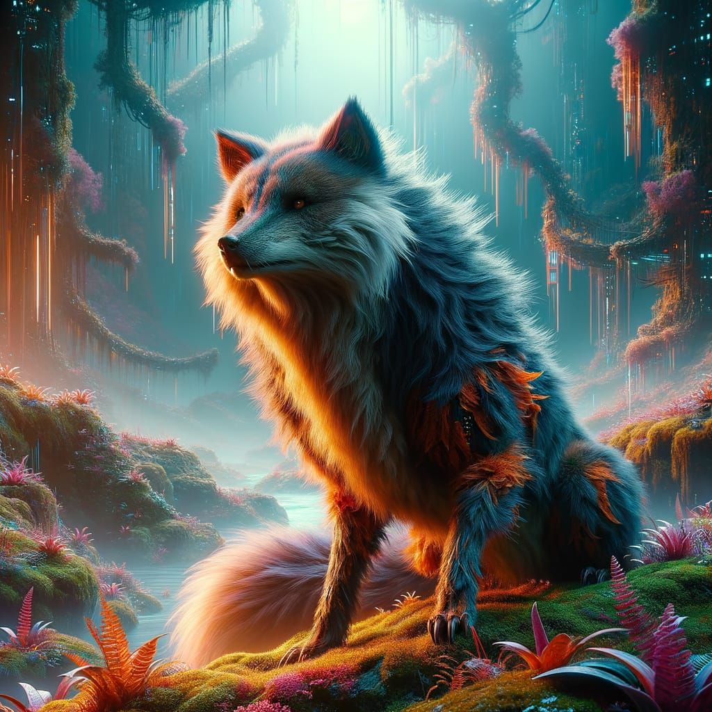 Cyberpunk Fox Bear Hybrid Emerges from Neon Forest