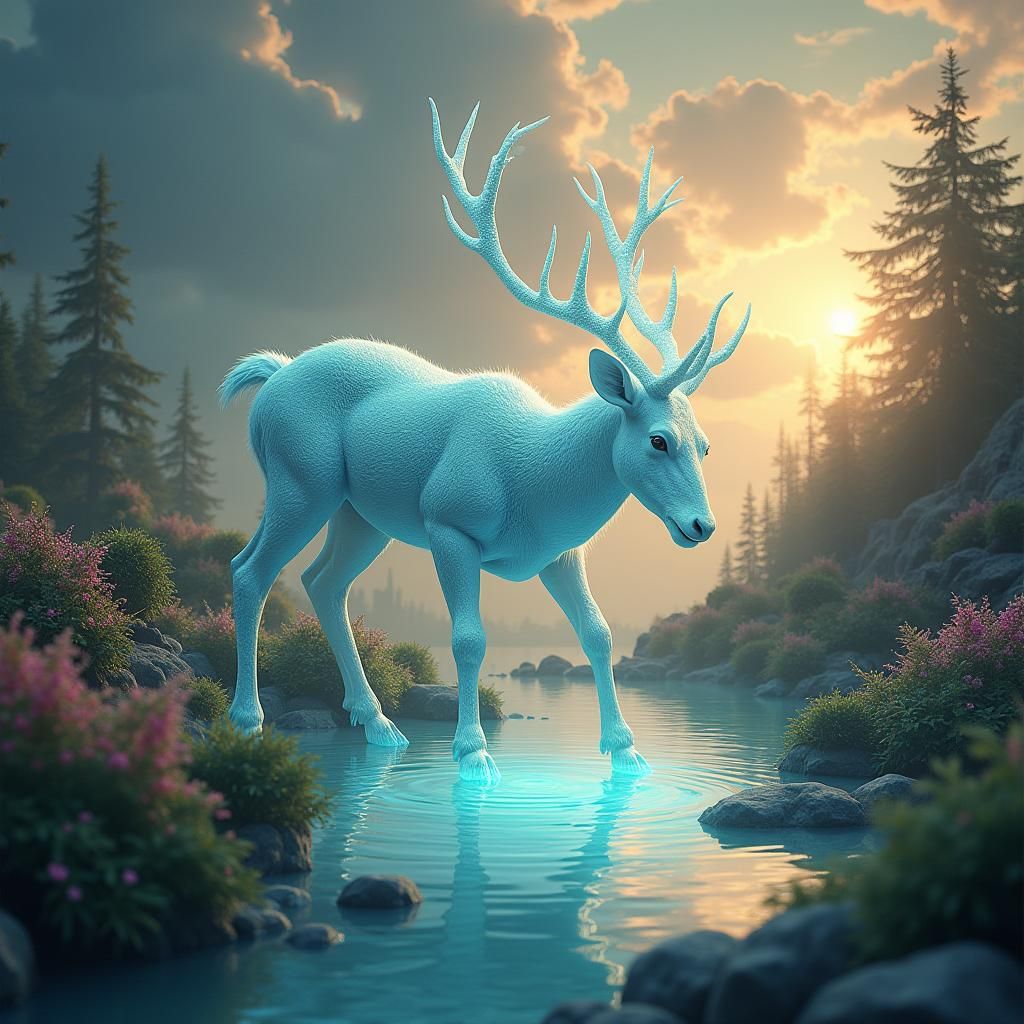 Luminous Fairy Deer Drinking from Crystal Pool
