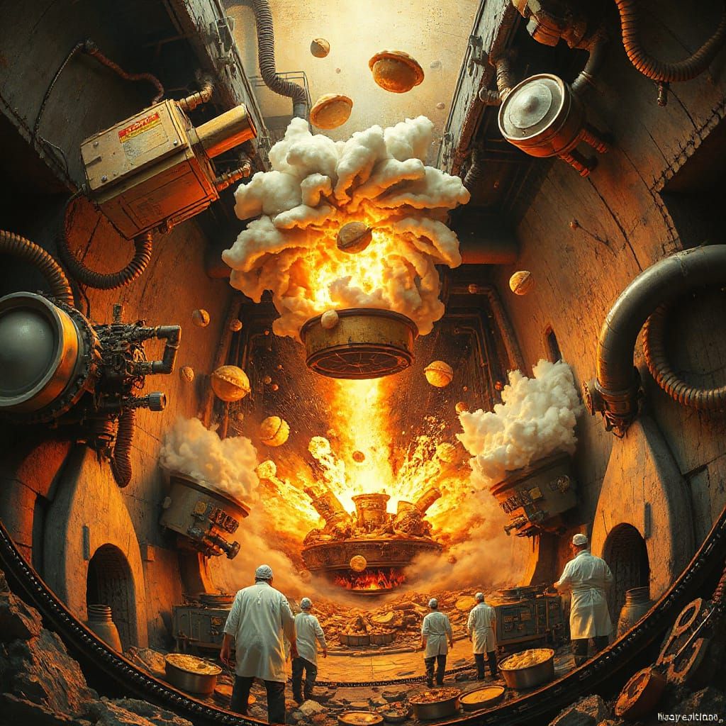 Atompunk Chicken Pot Pie Factory Explosion in Pop Art Style