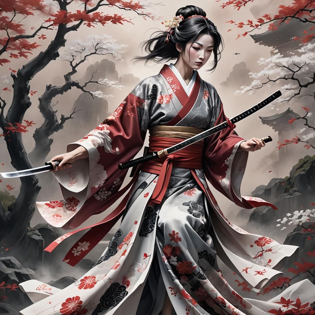 Ghostly Kimono Figure with Samurai Sword in Japanese Art Sty...