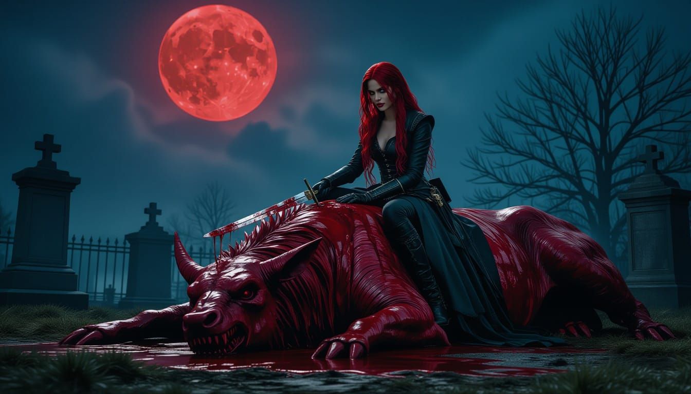 Bloodborne Huntress with Blood-Red Hair on Dead Beast