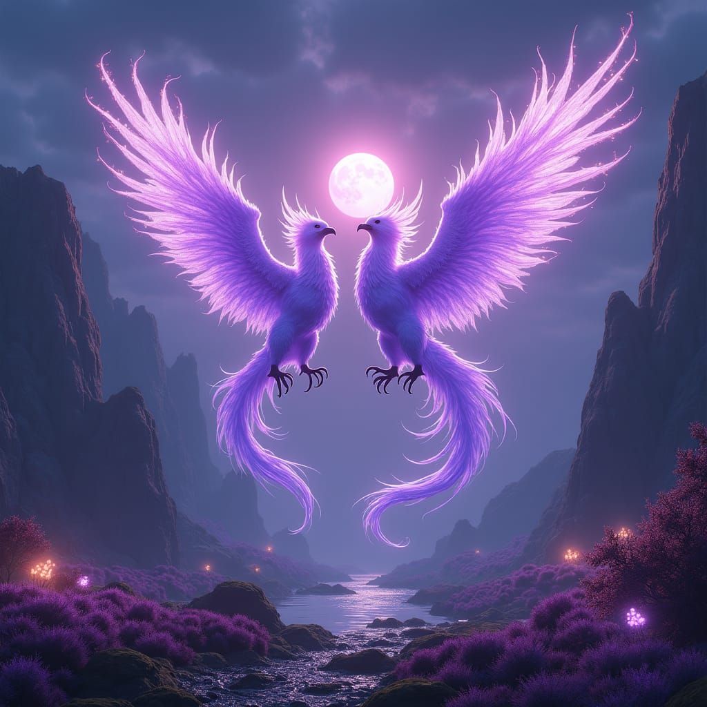 Purple Phoenixes in a Mystical Landscape