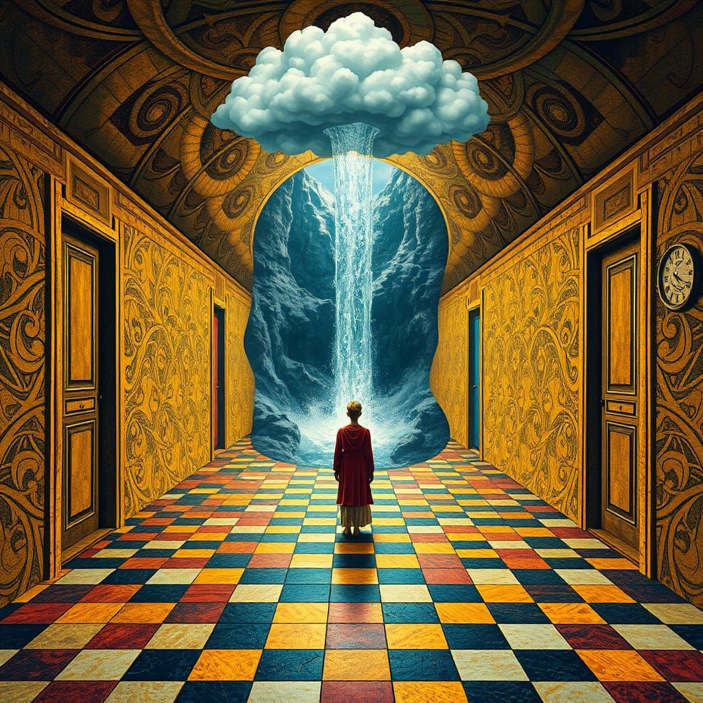 Surreal Hallway with Floating Doors in Dreamlike Style