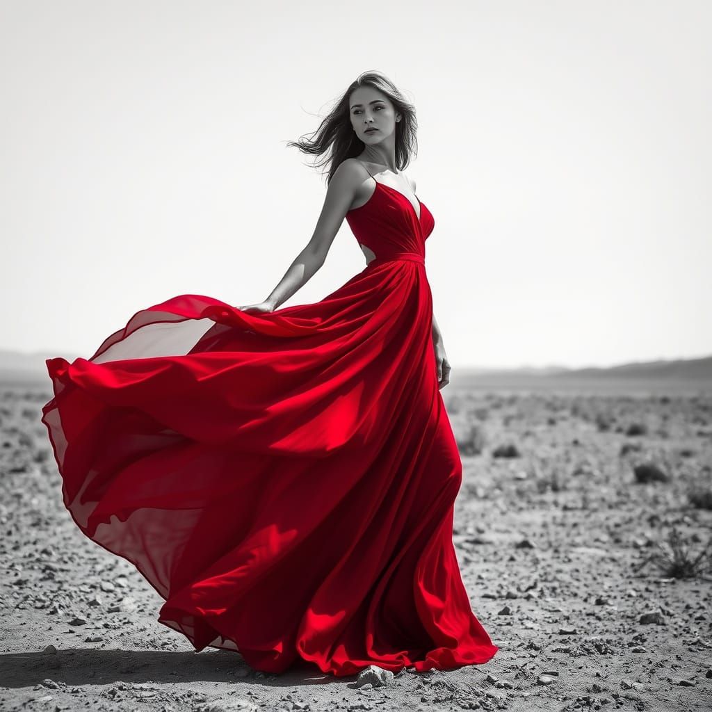 Woman in Red Dress Amidst Desolate Landscape