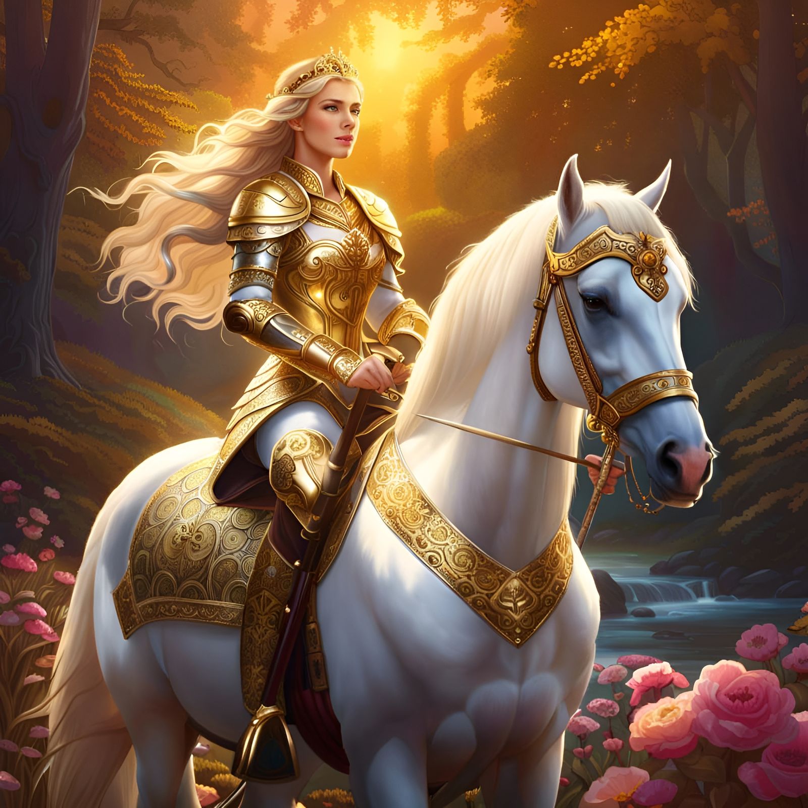 Medieval Princess Rides Golden Horse in Sunset